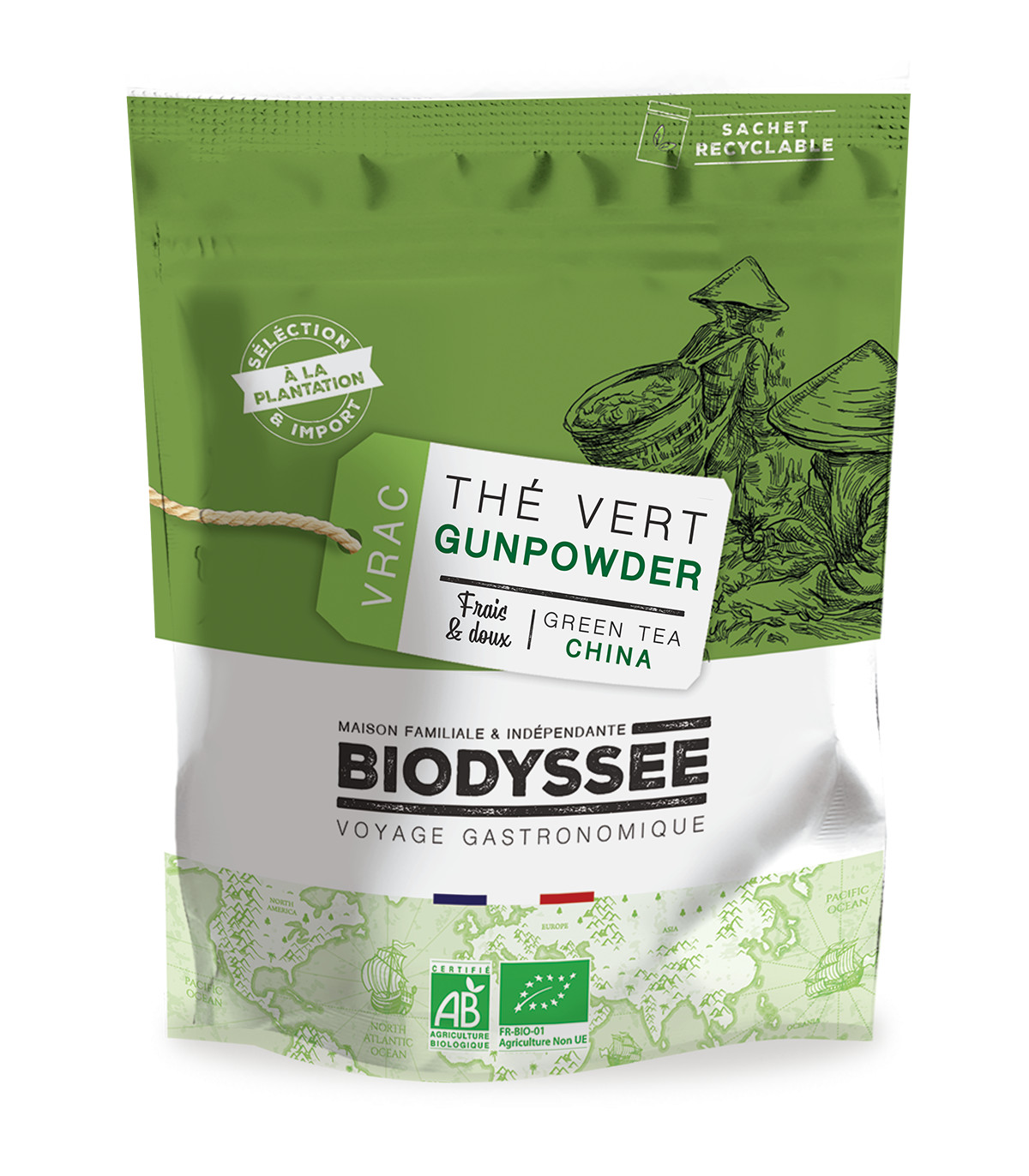 Biodyssée Thé Vert BIO Gunpowder de Chine 100 g شاي أخضر غانباودر من الصين