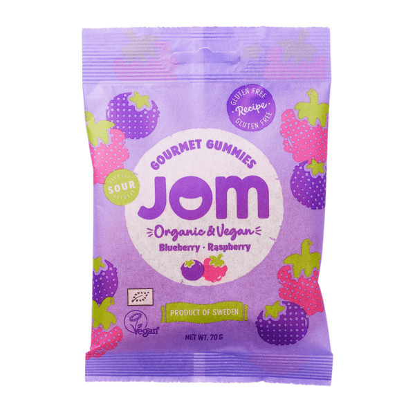 Jom Gummies Sour Myrtille Framboise 70G جوم حلويات غومي بنكهة التوت الأزرق والتوت العليق الحامضة
