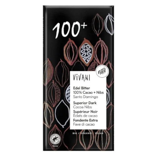 Vivani Tablette de Chocolat 100% avec Éclats de Cacao 80g  مع قطع الكاكاو لوح شوكولاتة