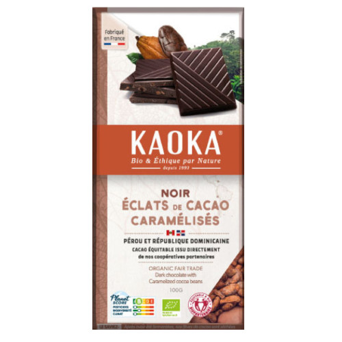 Kaoka Tab Chocolat Noir 70% Éclats Fèves de Cacao Caramélisés 100G  شوكولاتة داكنة مع قطع حبوب
