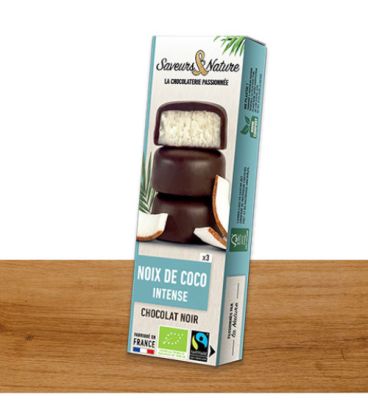 Saveurs & Nature Bouchées Coco Enrobées de Chocolat Noir 70% de Cacao 45G  قطع جوز الهند المغطاة بالشوكولاتة السوداء