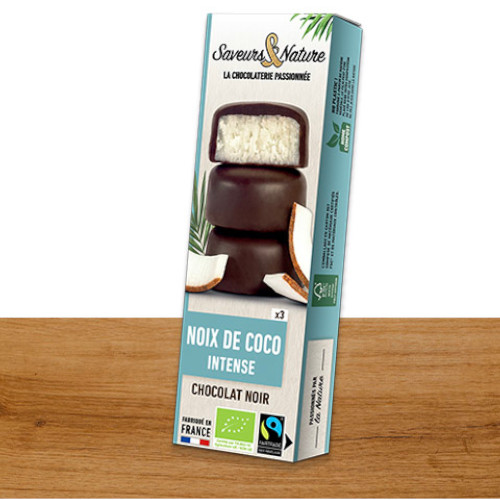 Saveurs & Nature Bouchées Coco Enrobées de Chocolat Noir 70% de Cacao 45G  قطع جوز الهند المغطاة بالشوكولاتة السوداء